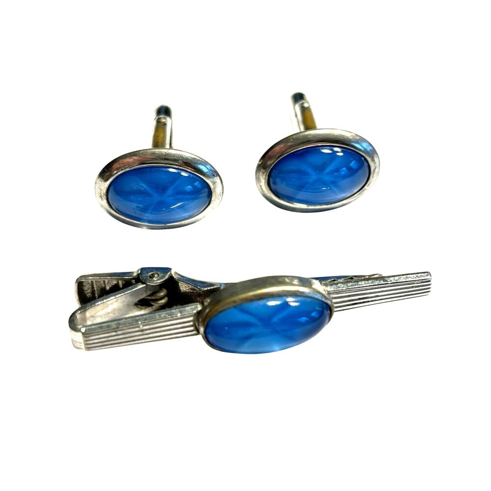 Vintage Anson silver & blue starburst men’s jewelry set cufflinks & tie bar clip